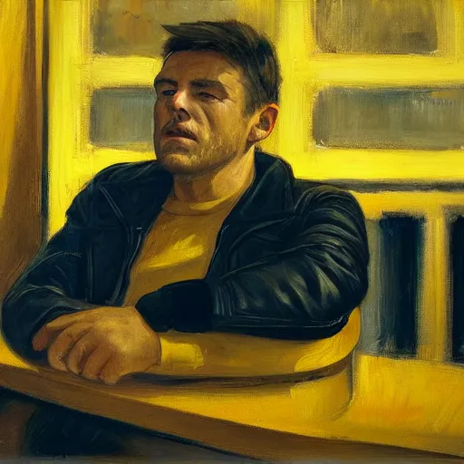 Image similar to a portrait of a lonely man in a leather jacket sitting in a bar full of people, the other people are all dressed in yellow protective suits, in the style of edward hopper, 4 k,