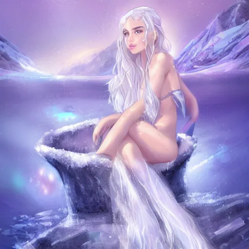 Image similar to an ice princess sitting on her ice throne in her ice castle wearing a bikini, ice, frost, white beautiful hair, cold colours, digital art, illustration, concept art by jason chan