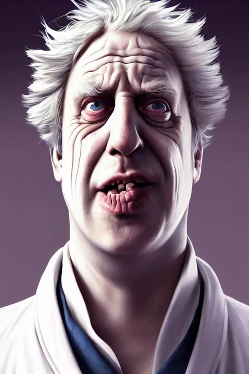 Image similar to Boris Johnson as Rick Sanchez, one single eyebrow, white robe, big eyes, portrait, symmetrical, highly detailed, digital painting, artstation, concept art, smooth, sharp focus, illustration, cinematic lighting, art by artgerm and greg rutkowski and alphonse mucha