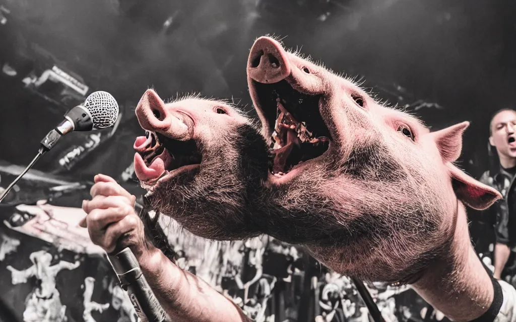 Image similar to a pig screaming on the microphone in a grindcore show