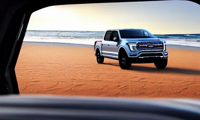 Image similar to Ford F150 Nebula 2022 Truck on a Red Sand Beach, sunset