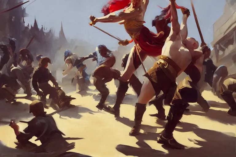 Image similar to greg manchess painting of people in an arena falling over swords, profile picture, organic painting, sunny day, matte painting, bold shapes, hard edges, street art, trending on artstation, by huang guangjian, gil elvgren, ruan jia, randy vargas, greg rutkowski