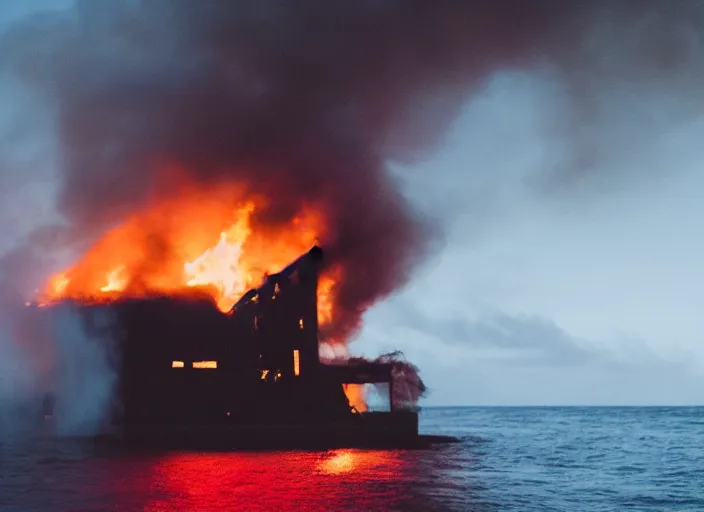 Image similar to dslr photo still of a house on fire at the bottom of the ocean, 8 5 mm f 1. 8