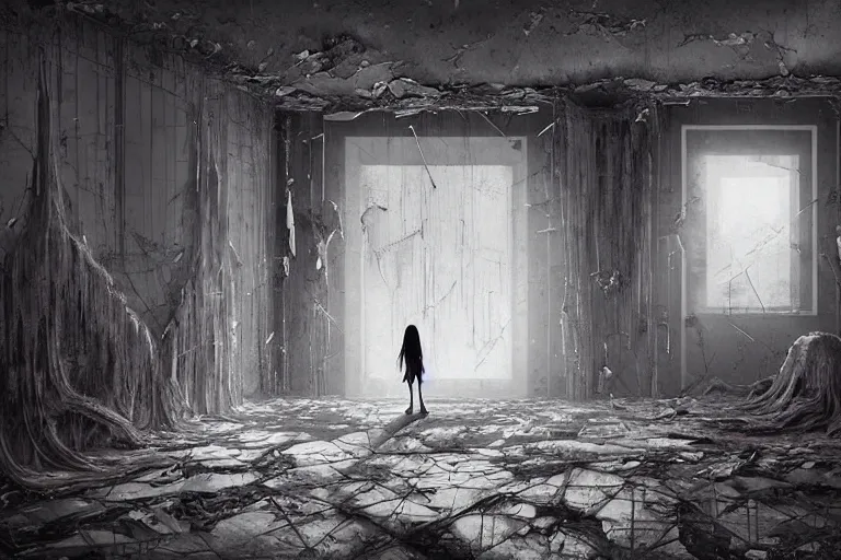 Image similar to vertical movie frame portrait of girl inside abandoned bedroom, ominous backrooms at distance seen through big broken shattered window, giger interior design, architectural design, vintage, liminal aesthetic, dreamcore, weirdcore, clean lines, wide angle, by wayne barlowe, tsutomu nihei, zdzislaw beksinski,