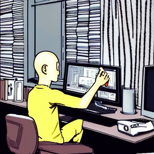 Image similar to portrait of bored saitama sitting in front of a computer by yusuke murata and mcbess