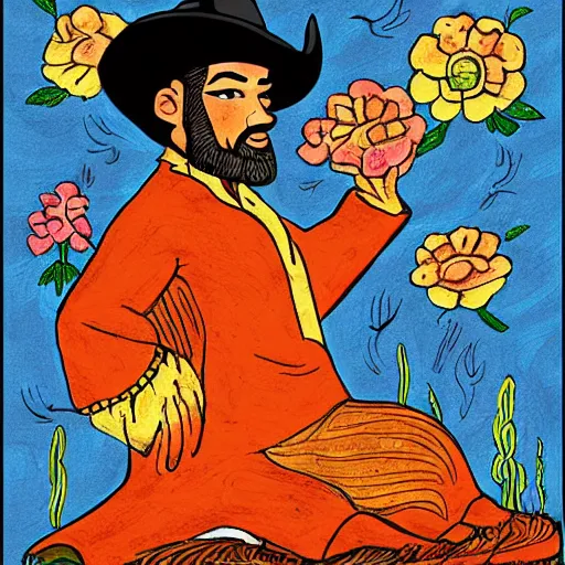 Prompt: mexican vaquero sitting, persian folktale artstyle