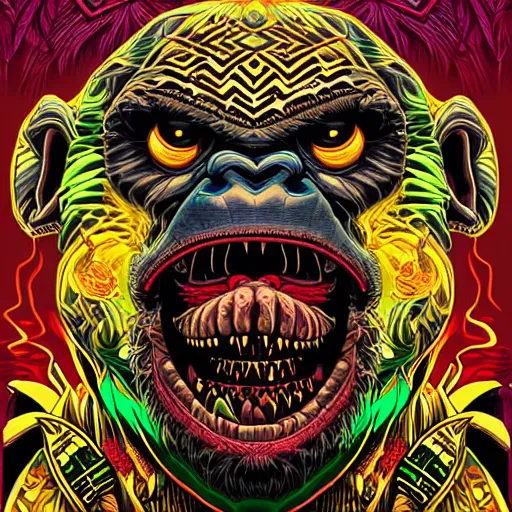 Prompt: barong family member, wiwek, mara demon, one single tribe member, jungle, one single mask, dark, ancient warrior, maniacally laughing grumpy gorilla, lizard, tribal, inner glow, art by dan mumford and justin gerard