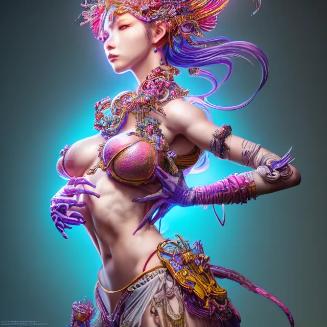 Image similar to studio portrait of colorful female divine mech dancer as absurdly beautiful, elegant, young sensual gravure idol, ultrafine hyperrealistic detailed face illustration by kim jung gi, irakli nadar, intricate linework, sharp focus, bright colors, matte, octopath traveler, final fantasy, unreal engine highly rendered, global illumination, radiant light, intricate environment