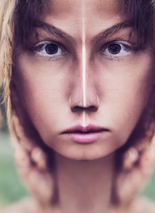 Image similar to portrait of a very beautiful!!!! woman! symmetric face, petzval lens art photography. sharp eyes