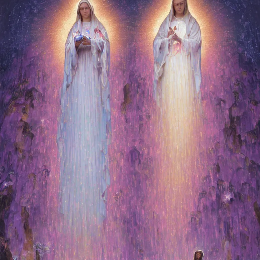Prompt: virgin mary, our lady of lourdes, blessed mother in front of a pink waterfall with ribbons and angels in clouds. highly detailed digital art. beautiful lighting. trending on artstation. art style by klimt and nixeu and ian sprigger and wlop and krenz cushart