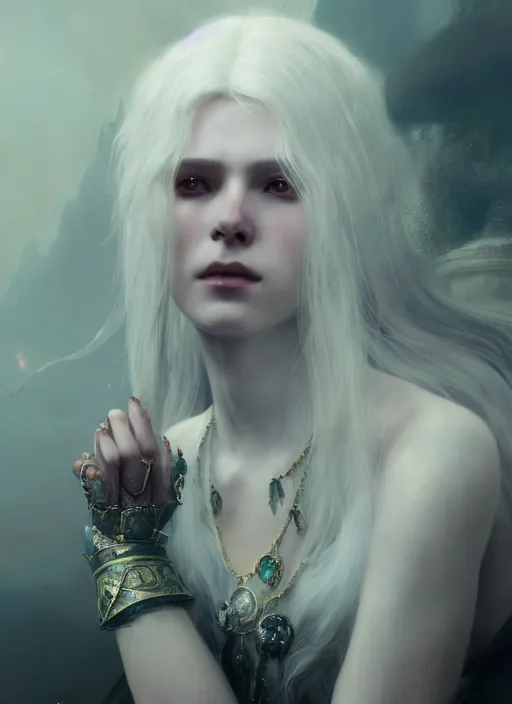 Prompt: a beautiful white haired princess, adorned with precious stone jewelry, intricate concept art, ethereal, ominous, gorgeous dark fantasy, misty, dramatic lighting, octane render, 8 k, ruan jia and jeremy mann and alphonse mucha