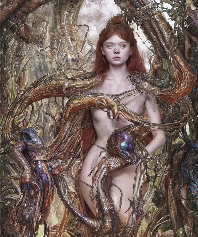 Prompt: a portrait photograph of sadie sink as a strong alien harpy queen with amphibian skin. she is dressed in a silk shiny metal slimy organic membrane catsuit and transforming into a snake antilope. by donato giancola, walton ford, ernst haeckel, peter mohrbacher, hr giger. 8 k, cgsociety, fashion editorial