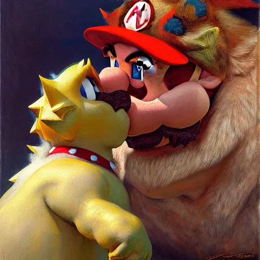 Image similar to a portrait of a super mario kissing bowser. highly detailed painting by gaston bussiere, craig mullins, j. c. leyendecker, furry