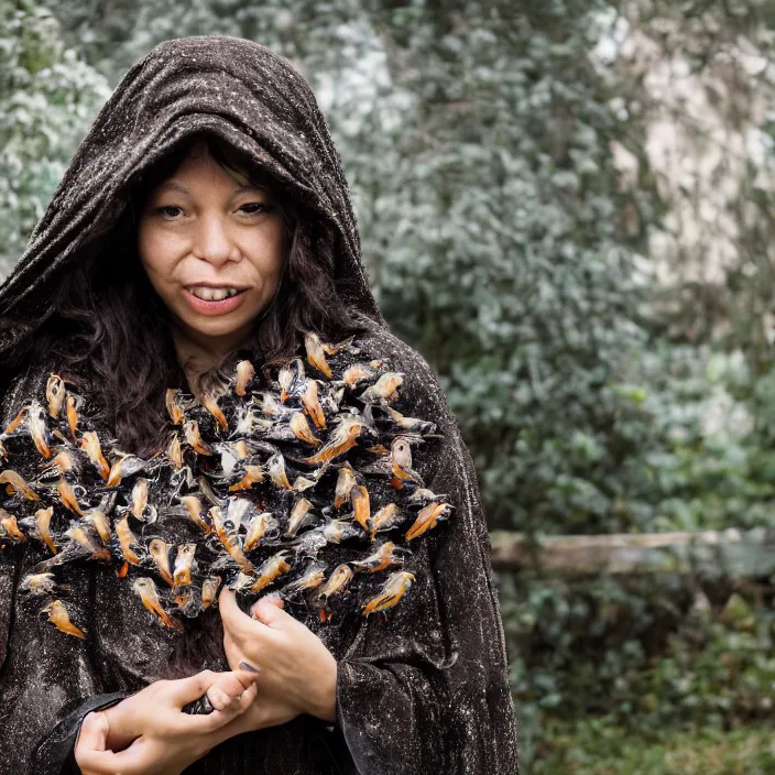 Prompt: a closeup portrait of a woman wearing a cloak made of birds, in an abandoned theme park, by omar z. robles, canon eos c 3 0 0, ƒ 1. 8, 3 5 mm, 8 k, medium - format print