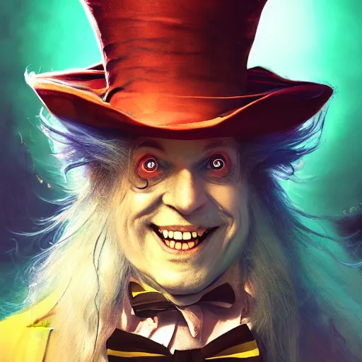 Image similar to The Mad Hatter, huggy wuggy from poppy playtime video game, fullbody, ultra high detailed, glowing lights, oil painting, Greg Rutkowski, Charlie Bowater, Beeple, unreal 5, DAZ, hyperrealistic, octane render, RPG portrait, dynamic lighting, fantasy art, beautiful face