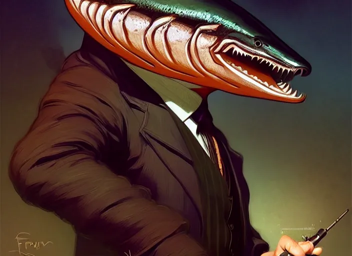 Image similar to a anthropomorphic salmon wearing a detective outfit, diffuse lighting, fantasy, film noir vibes, intricate, elegant, highly detailed, lifelike, photorealistic, digital painting, artstation, illustration, concept art, smooth, sharp focus, art by frank frazetta and marco bucci and loish and rossdraws and artgerm and alphonse mucha