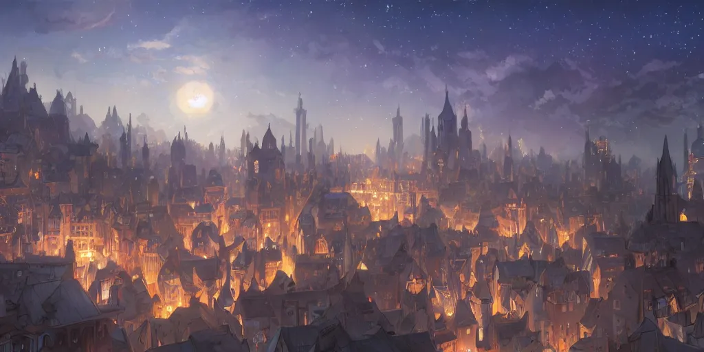 Prompt: Fantastic medieval city with sky in which stars and comets are visible, digital painting, concept art, artstation, 4k, by Makoto Shinkai, Maya Takamura, and James Jean