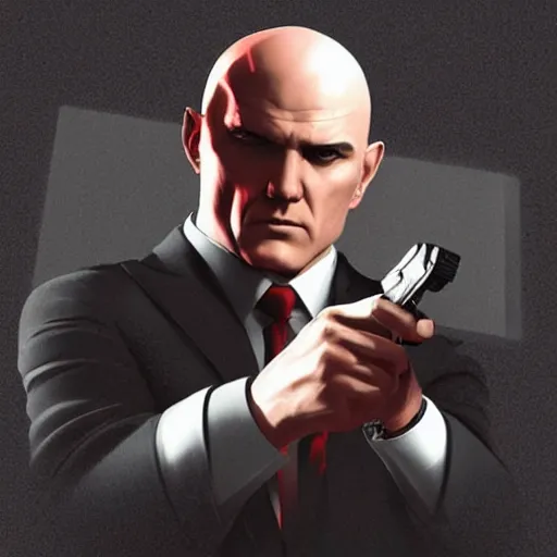 Prompt: a portrait of agent 4 7 from hitman wearing large headphones while pointing a silenced silver handgun, dark background, red rim light, smooth, sharp focus, art by irina french