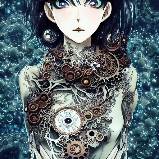 Image similar to surreal manga anime photo portrait of complex bio-mechanical beautiful young female skeletal cyborg with a Mandelbrot fractal steampunk metal fine lace face, retrofuturistic depressing, floral foliage super big lace collar, rococo, steampunk, 8k