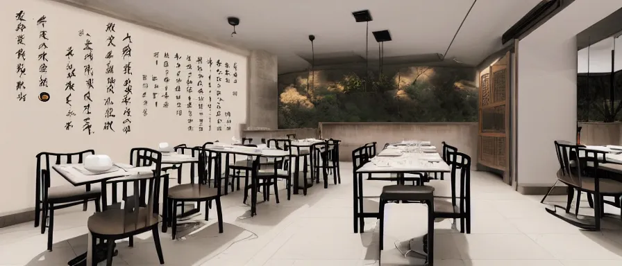 Image similar to a beautiful simple interior 4 k hd wallpaper illustration of small roasted string hotpot restaurant restaurant pagoda hill, wall corner, from china, wallpaper with mountains and white tile floor, rectangle white porcelain table, black chair, fine simple delicate structure, chinese style, simple style structure decoration design, victo ngai, 4 k hd