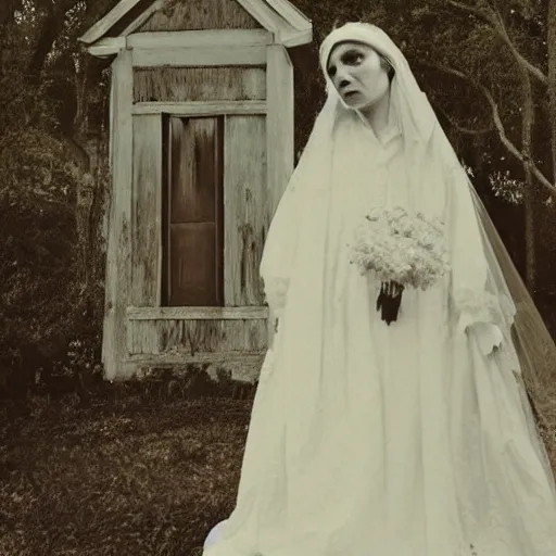 Image similar to picture of ghostly bride in front of an old wooden white church, 1 9 th century southern gothic scene, made by chausheva, katia