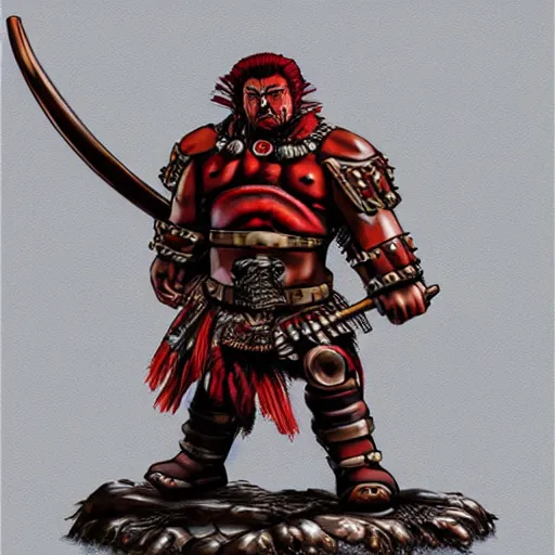 Image similar to bulky muscular scottish warrior with red hair and a kilt, tribal blood red war paintings on his chest, bronze plate armor, in the style of otomo katsuhiro, artgerm