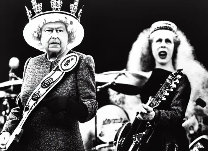 Image similar to publicity photo still of queen elizabeth in a death metal band playing live on stage, 8 k, live concert lighting, mid shot