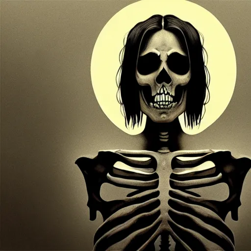 Image similar to skeleton jesus, noir, sharp focus, intricate, illustration, cell shaded, digital painting, highly detailed, matte, art by ilya kuvshinov, wlop, greg rutkowski, reflections, studio quality, james jean, artem demura