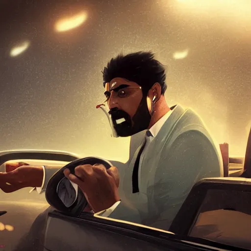 Image similar to saudi arab man smoking inside a car, highly detailed, elegant, sharp focus, anime, digital art, in the style of greg rutkowski and craig mullins 4 k