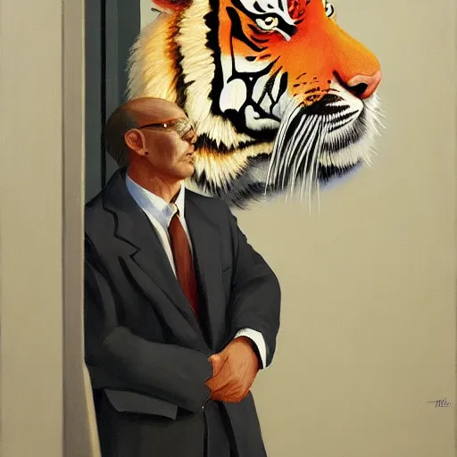 Image similar to Portrait of mr. Tiger wearing a business suit , very coherent, painted by Edward Hopper, Wayne Barlowe, painted by James Gilleard, airbrush, art by JamesJean