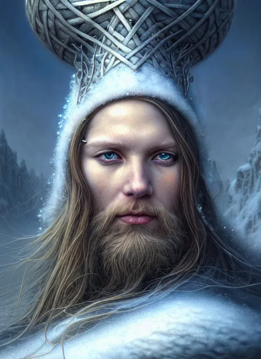 Prompt: closeup portrait shot of a snow viking in a scenic dystopian environment, intricate, elegant, highly detailed, centered, digital painting, artstation, concept art, smooth, sharp focus, illustration, artgerm, tomasz alen kopera, peter mohrbacher, donato giancola, joseph christian leyendecker, wlop, boris vallejo