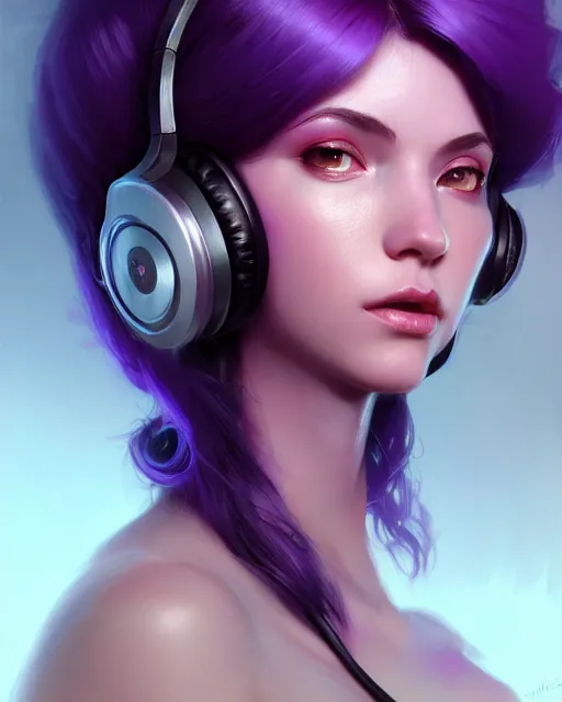 Prompt: stunningly beautiful purple haired female with headphones at home studio streaming games late at night, very detailed, 4 k, concept art like ernest khalimov, intricate details, highly detailed by greg rutkowski, ilya kuvshinov, gaston bussiere, craig mullins, simon bisley, backlit