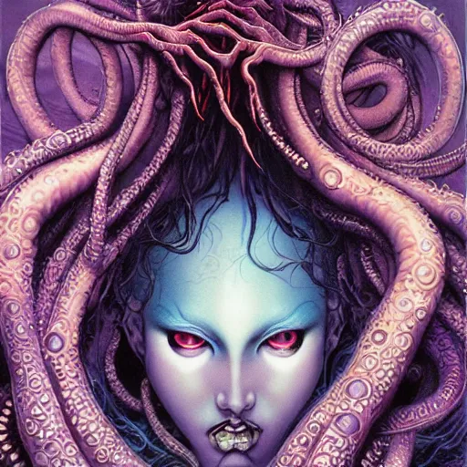 Prompt: purple - eyed girl with tentacles on her head, submerged in evil phantoms by alex grey, lisa frank, ayami, kojima, amano, karol bak, greg hildebrandt, mark brooks, beksinski, takato yamamoto