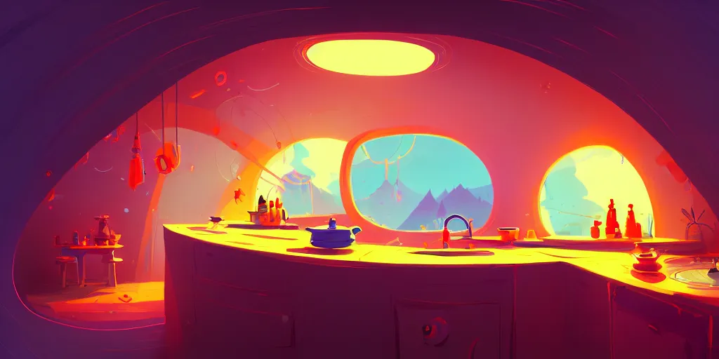 Prompt: naive nerikomi, weird perspective, extra narrow, detailed illustration of a kitchen dim lit by flashlight in a scenic spiral environment by anton fadeev from lorax movie, trending artstation, true color