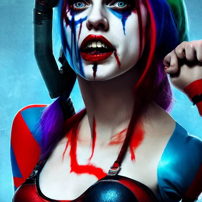 Image similar to portrait of alexandra daddario as a harley quinn in suicide squad. intricate abstract. intricate artwork. by tooth wu, wlop, beeple, dan mumford. octane render, trending on artstation, greg rutkowski very coherent symmetrical artwork. cinematic, hyper realism, high detail, octane render, 8 k, iridescent accents