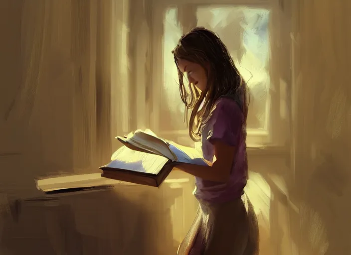 Image similar to a girl reading a book, her hair flowing down, in the style of craig mullins