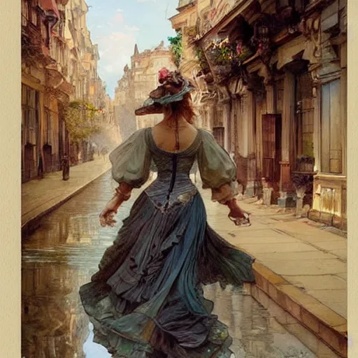 Image similar to a beautifull intricate watercolour painting of a dancing balerinas in the victorian street, reflexions, verry high details by william turner art, greg rutkowski and alphonse mucha, trending on artstation, very very detailed, masterpiece, muted colors