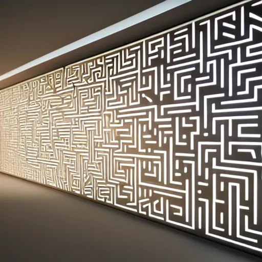 Image similar to : pattern maze sculpture art on the wall in modern architecture studio, cinematic lighting, hyper - realistic, detailed, render by c 4 d octane, unreal engine, 8 k 3 d render