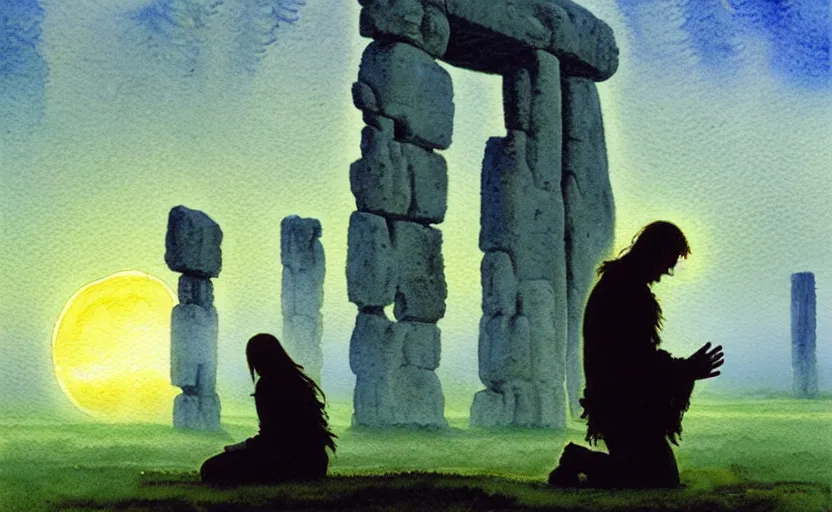 Image similar to a hyperrealist watercolour character concept art portrait of a pagan worshipper kneeling down in prayer in front of a tall elegant giant on a misty night in stone henge. a battlecruiser starship is in the background. by rebecca guay, michael kaluta, charles vess and jean moebius giraud