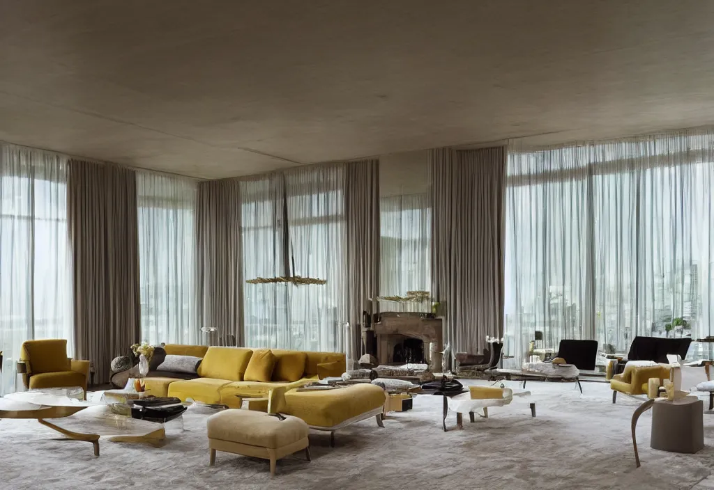 Image similar to a living room, modern interior design, residential design, floor - to - ceiling windows, by india mahdavi, trending ，