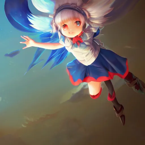 Prompt: cirno from touhou flying, matte painting by ross tran, artstation