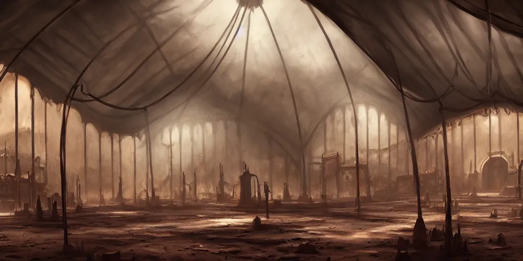 Image similar to inside of a merchant tent, matte oil painting, rusted cathedrals in the background, retrofuturistic, concept art, science fantasy, mutant, lgbt, queer, rpg, epic, rust, white salt, badlands, slime, jungles, dungeons & dragons, sacred, sharp focus, award - winning, extremely detailed, 4 k, 8 k