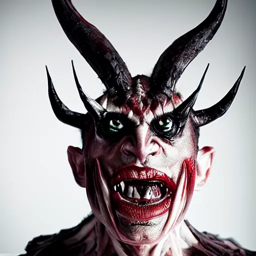 Image similar to a demon inspired by runes created by the make up artist hungry, photographed by andrew thomas huang, cinematic, expensive visual effects