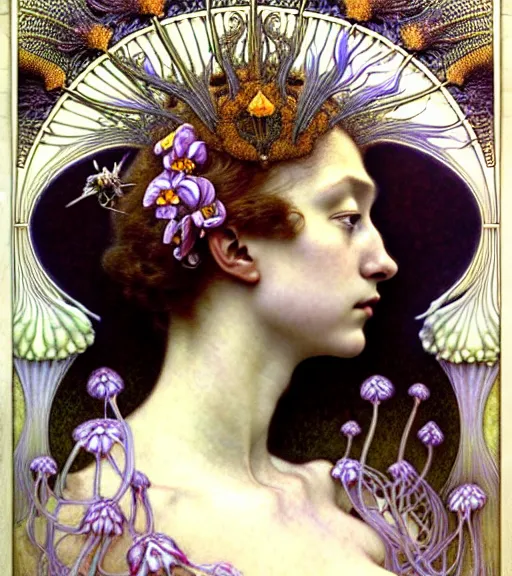 Prompt: beautiful young flower queen detailed realistic porcelain face portrait by jean delville, gustave dore, iris van herpen and alphonse mucha, art forms of nature by ernst haeckel, art nouveau, symbolist, visionary, gothic, neo - gothic, pre - raphaelite, fractal lace, intricate alien botanicals, surreality, hyperdetailed ultrasharp octane render