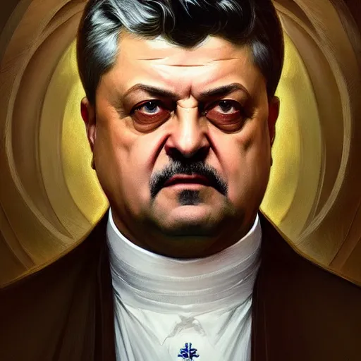 Image similar to symmetry!! intense portrait of petro poroshenko without beard and mustache, saint, intricate, elegant, highly detailed, my rendition, digital painting, artstation, concept art, smooth, sharp focus, illustration, art by artgerm and greg rutkowski and alphonse mucha