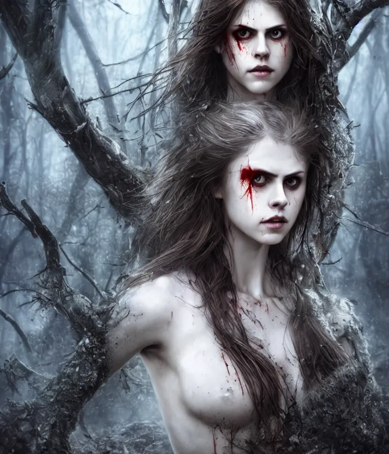 Image similar to photo of a gorgeous nordic female, covered in blood, in dark forest, alexandra daddario face!, realistic, sharp focus, hdr, 8 k, high definition, insanely detailed, intricate, elegant, art by stanley lau and artgerm, luis royo, greg kutkowski