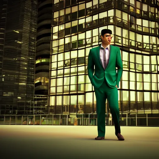 Image similar to a man with an elegant green suit, photography, 3 d render, at night, buildings, dinosaur, sand