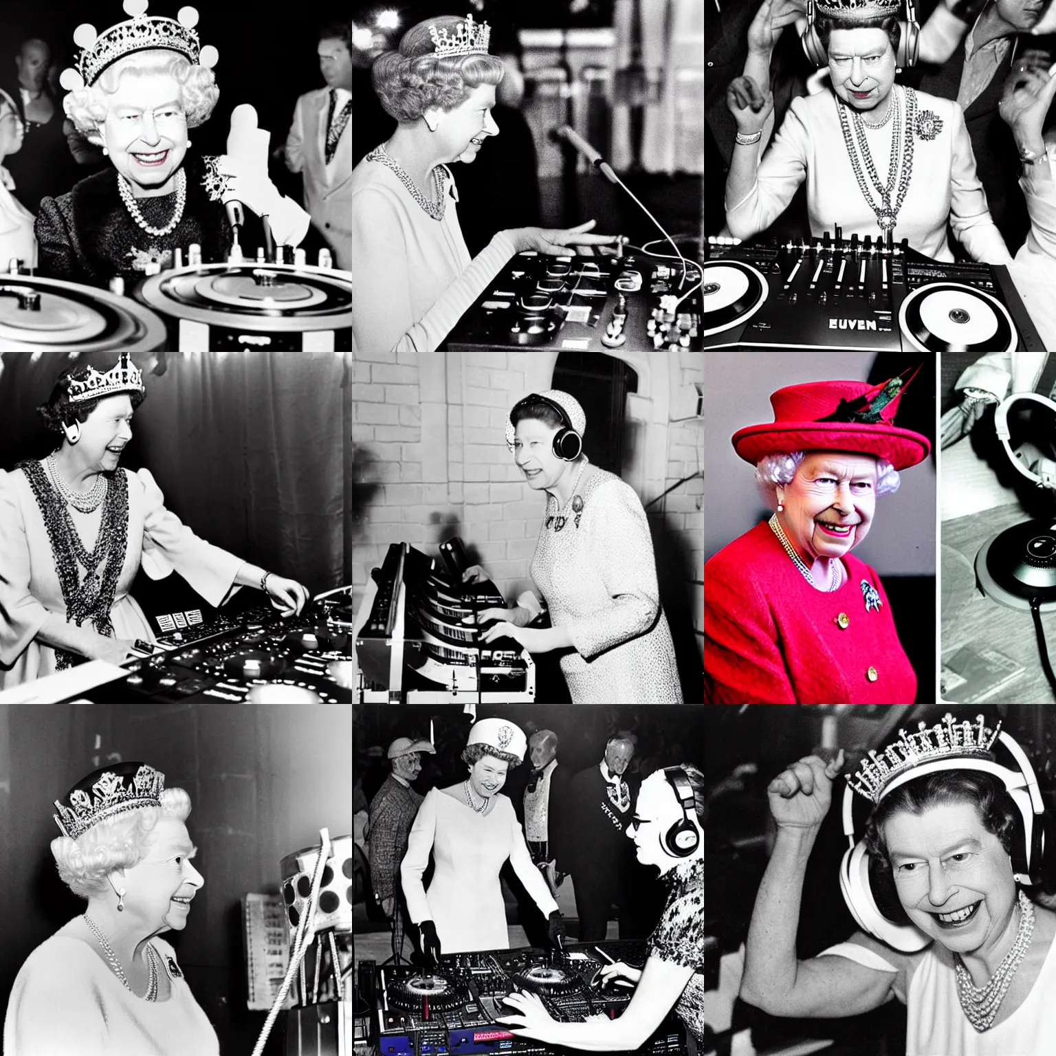 Prompt: queen Elizabeth at a rave wearing headphones, DJing with DJ turntables, photoreal