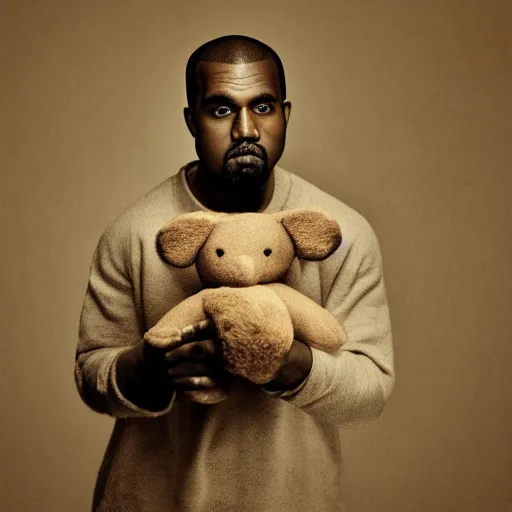 Image similar to Portrait studio photograph of Kanye West holding a anthropomorphic teddy bear, close up, shallow depth of field, in the style of Felice Beato, Noir film still, 40mm