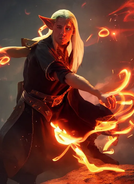 Image similar to A fantasy comic book style portrait painting of a Channing Tatum as a male elf wizard casting a fire spell, unreal 5, DAZ, hyperrealistic, octane render, RPG portrait, ambient light, dynamic lighting